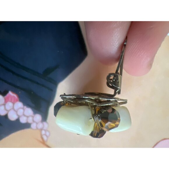 Vintage Clip-on Earrings AB MOP Haskell Era Filagree Back Smoky Quartz Look - Picture 5 of 16